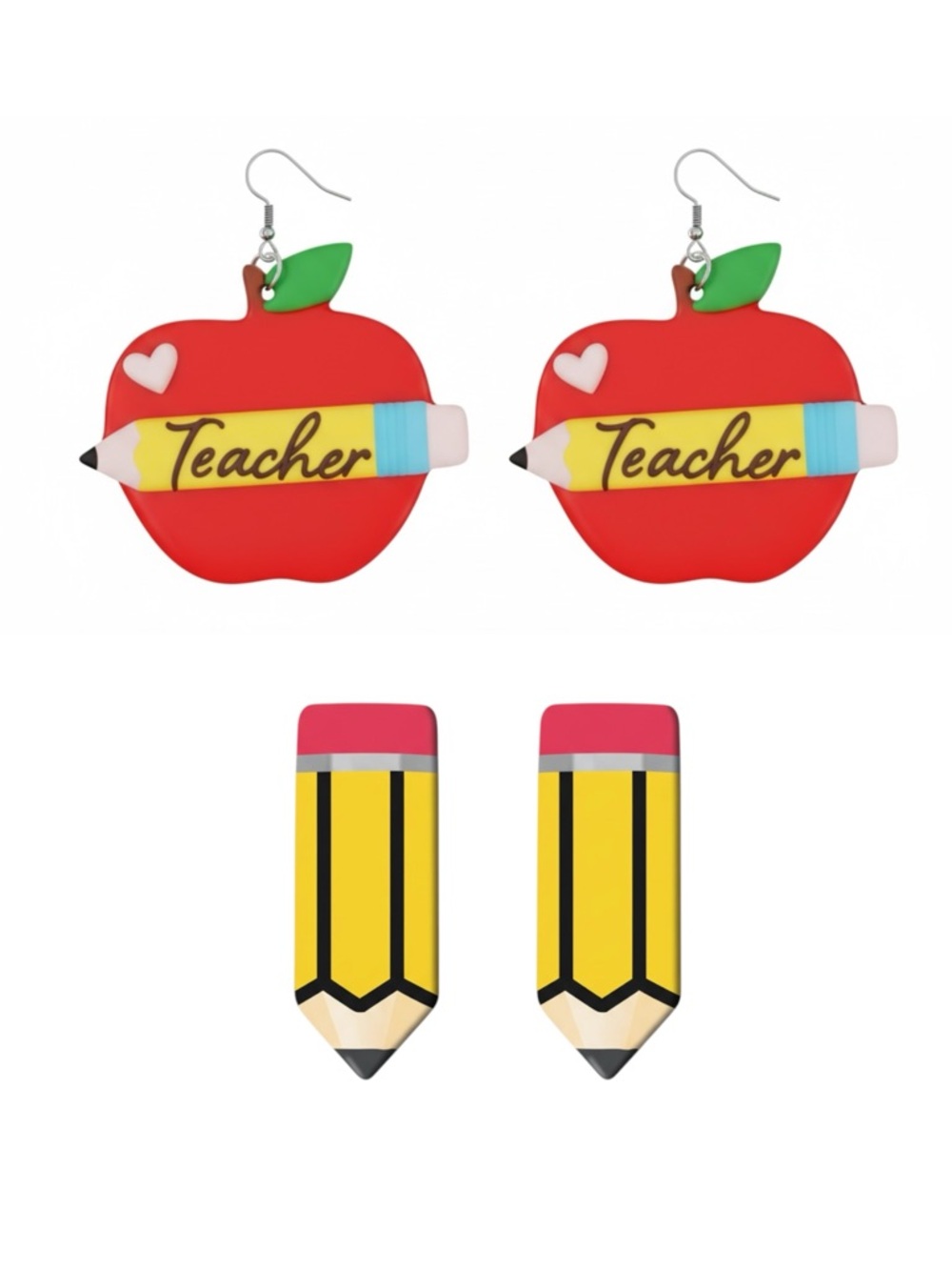 Teacher Apple & Pencil Earrings - Red, Yellow